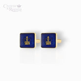 Gold and blue cufflinks with a crown design on a white background, branded 'Crowns & Regalia'.